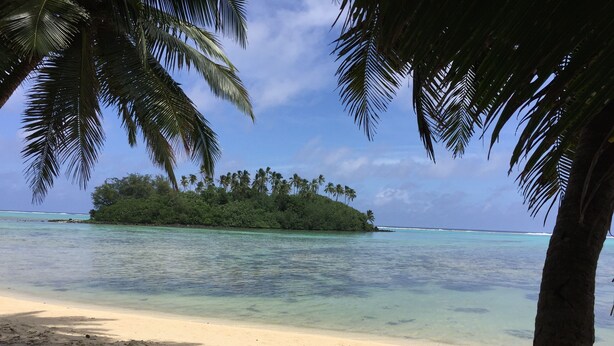 A beach with clear turquoise water, a sandy shore, and a small island with dense greenery in the background. - Tianas Beach (Rarotonga)