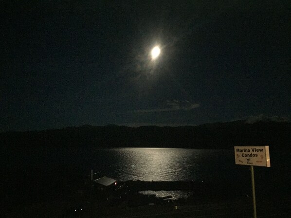 A night scene with a full moon over a body of water, a sign for 'Marina View Condos', and distant mountains.