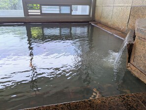 Una piscina con agua cristalina, un muro con azulejos y un ventanal con vistas a la vegetación.