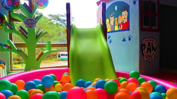 Kids can play and explore in this fun play area featuring a slide and ball pit.