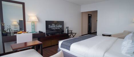 A hotel room with a bed, a desk, a television, a chair, and a sofa.