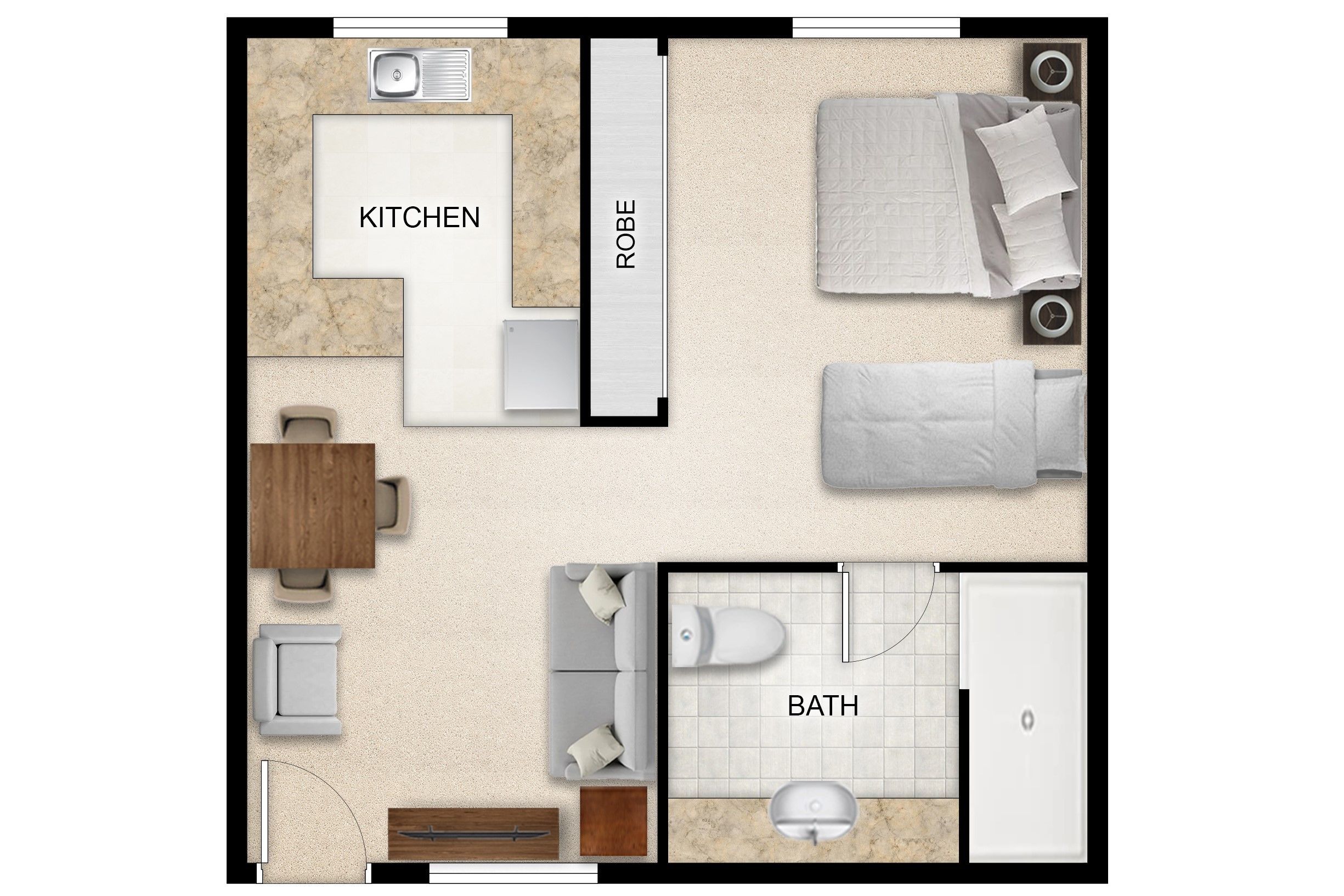 Un plan d’étage d’une chambre d’hôtel comprenant une cuisine, un peignoir, un lit et une salle de bain.