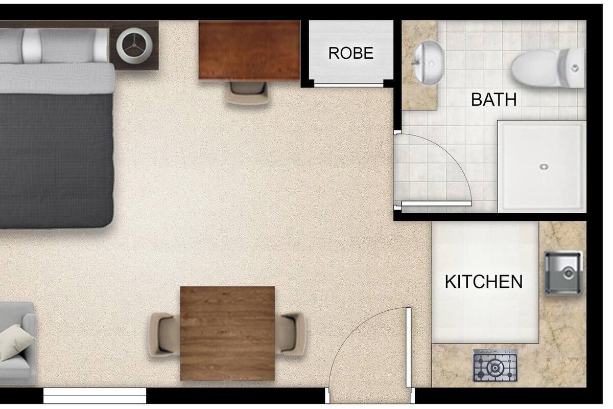 A bedroom with a bed, a robe, a bathroom, and a kitchen.