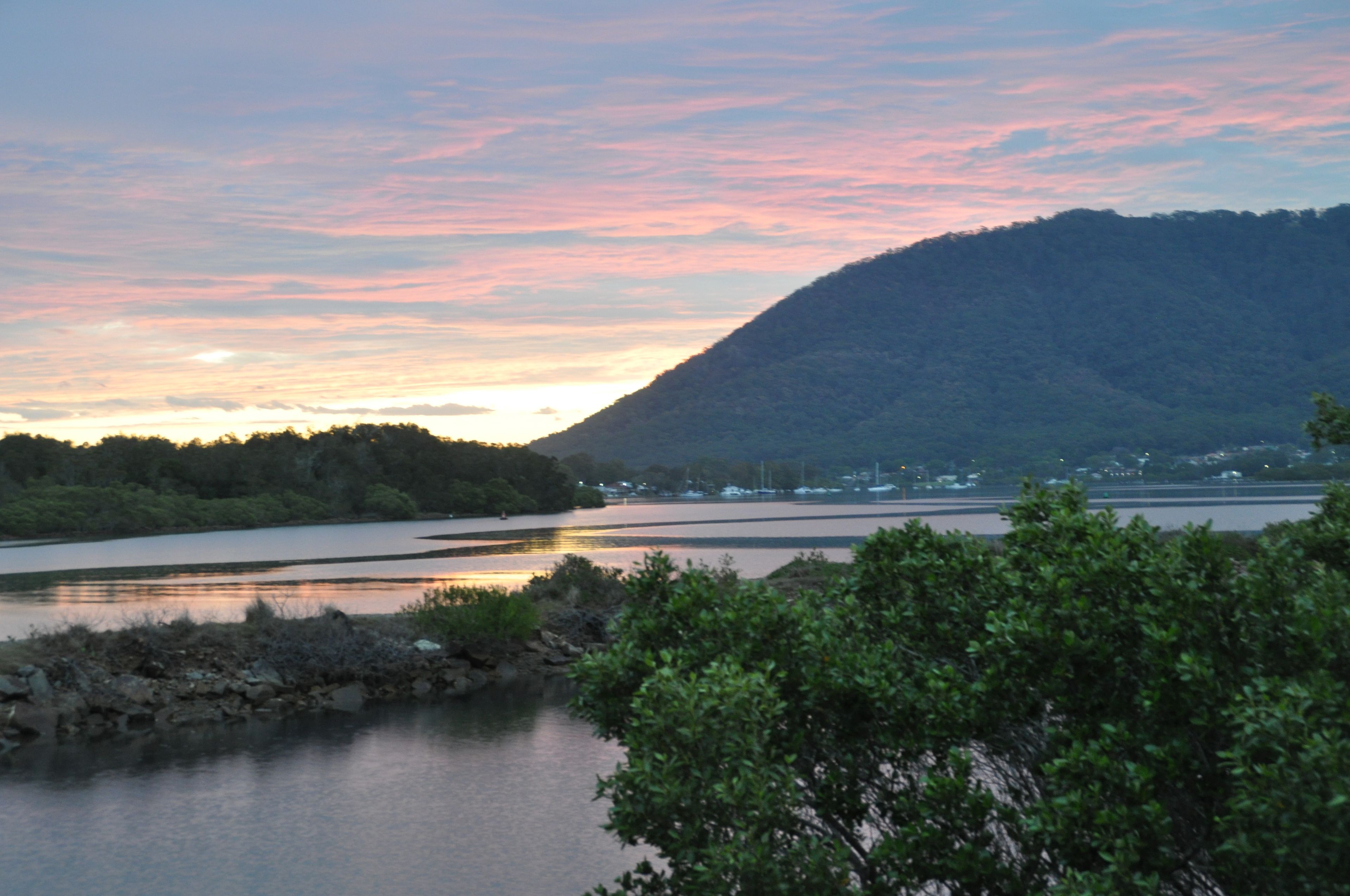 A river with a mountain in the background and trees in the foreground.