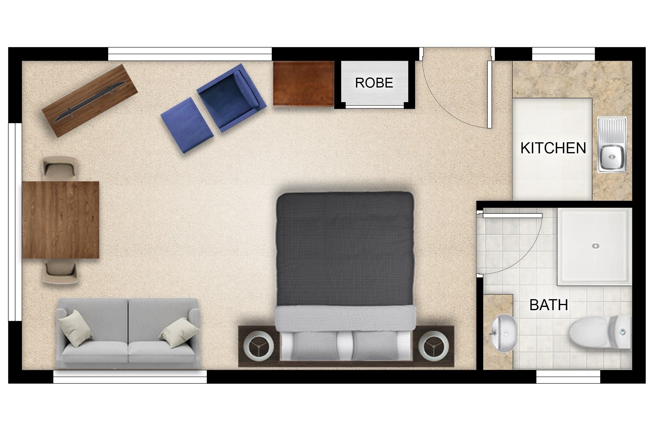 A room with a bed, a sofa, a robe, a kitchen, and a bathroom.