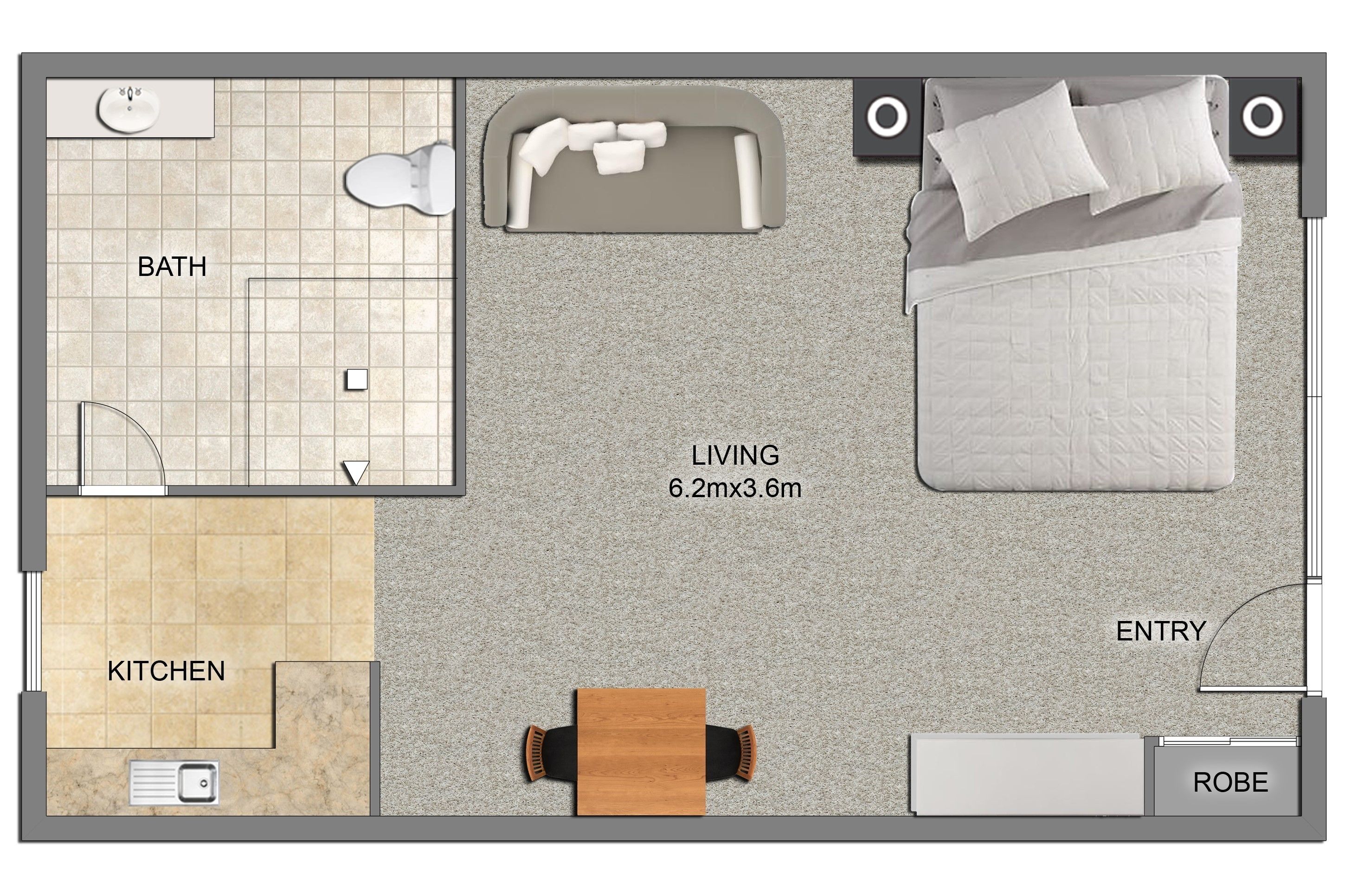 Un plan d’étage d’une chambre d’hôtel comprenant une salle de bain, une cuisine, un espace de vie, une entrée et un dressing.