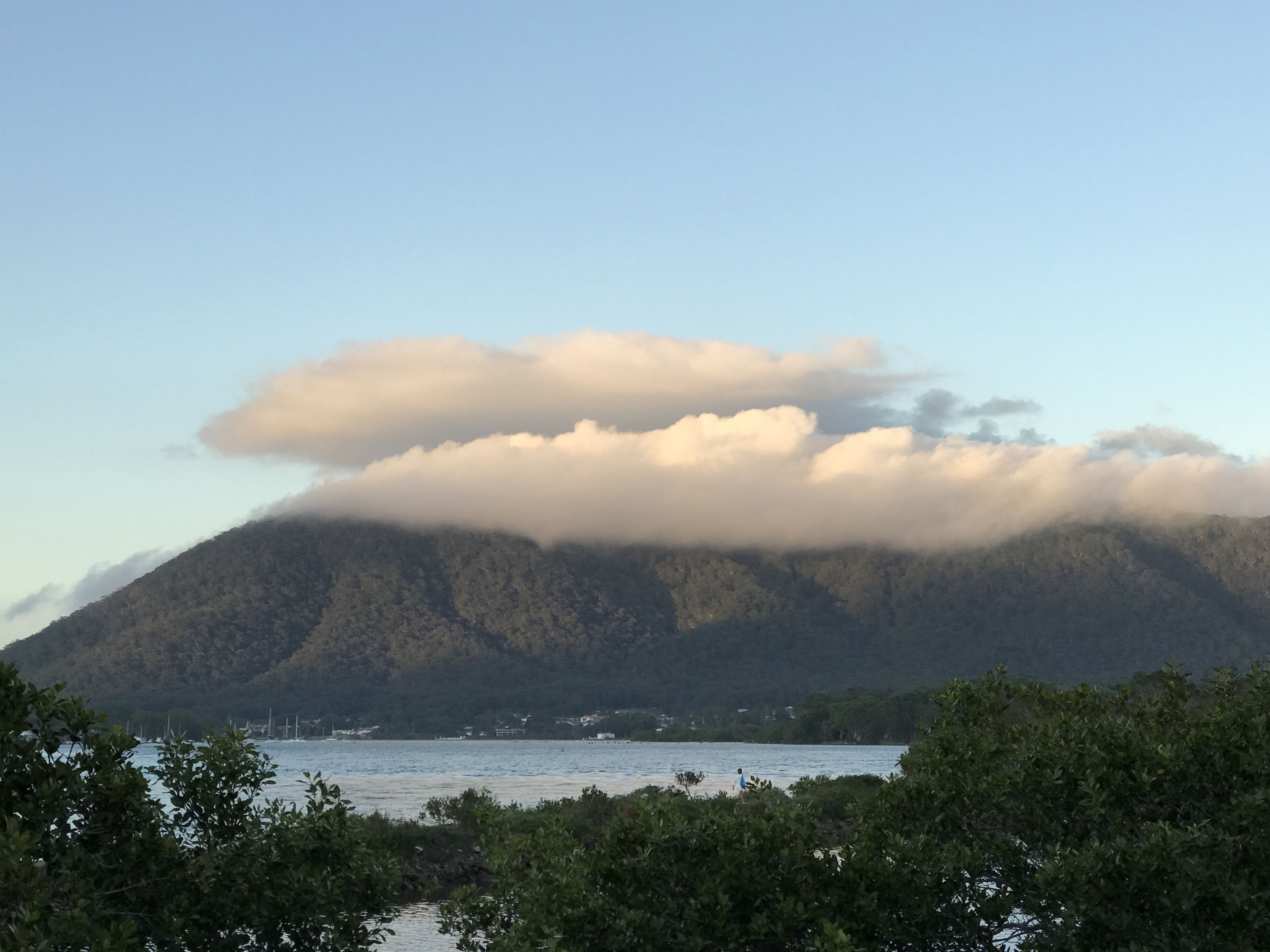 A mountain with a forested base and a body of water in the foreground.