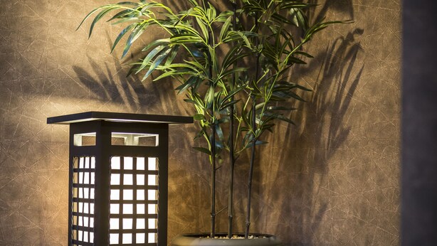 A potted bamboo plant next to a black lantern on a polished floor against a textured wall. - Kyo Oyado Kurakura (Kyoto)