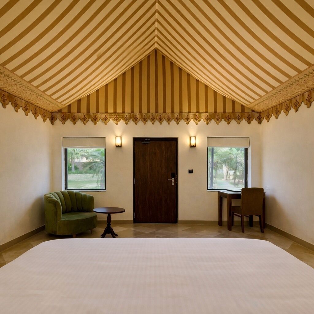 Luxury-Zelt, 1 King-Bett, Gartenblick | Hochwertige Bettwaren, Schreibtisch, laptopgeeigneter Arbeitsplatz