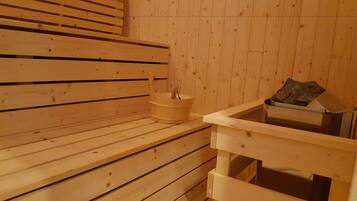 A wooden sauna with benches and a stone basin.