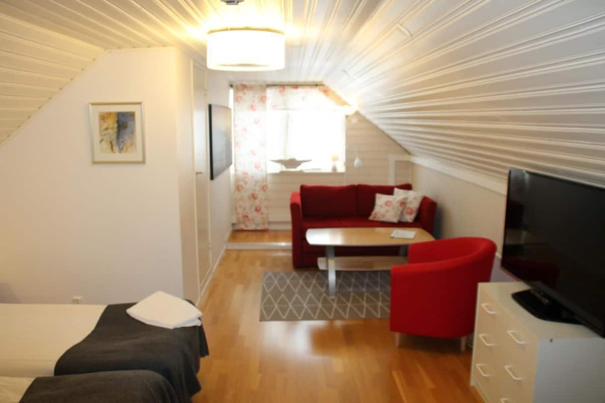 A compact room with a bed, a red sofa, a small table, and a TV.