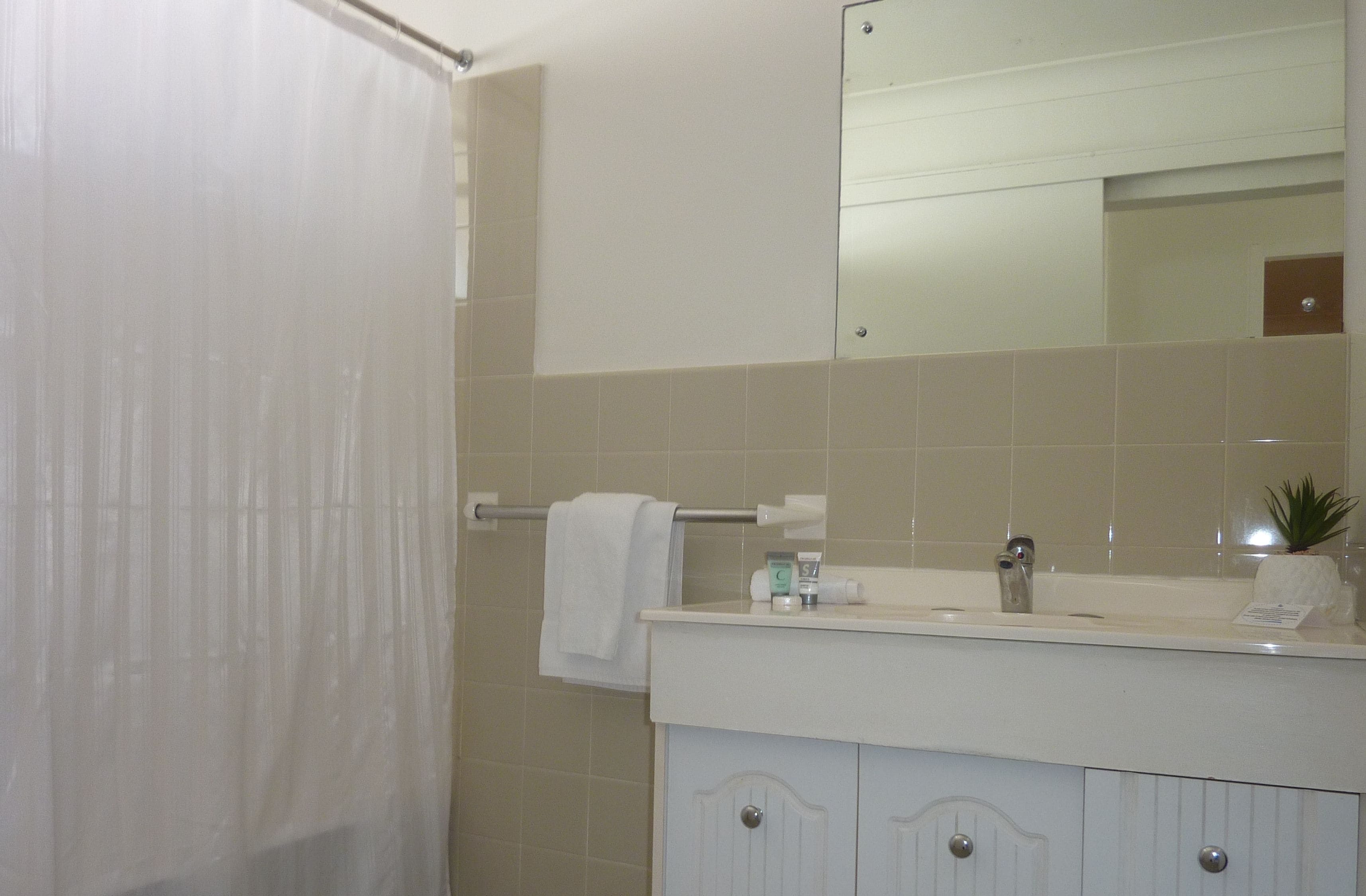 Un baño con cortina de ducha, toallero, lavamanos con artículos de aseo y espejo.