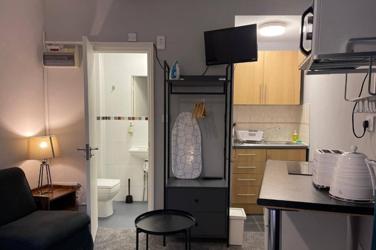A compact living space with a kitchenette, a dining area, and a separate bathroom.