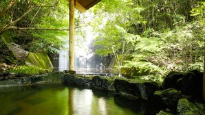 A tranquil forested area with a small pond, a wooden structure, and a waterfall. - Asan Kotonami (Manno)