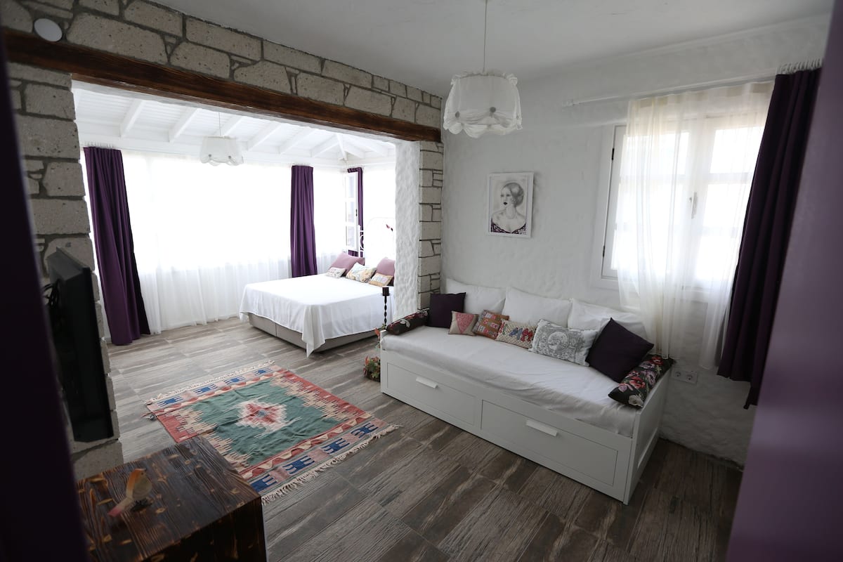 A bedroom with a bed, a sofa, a rug, and a painting on the wall.