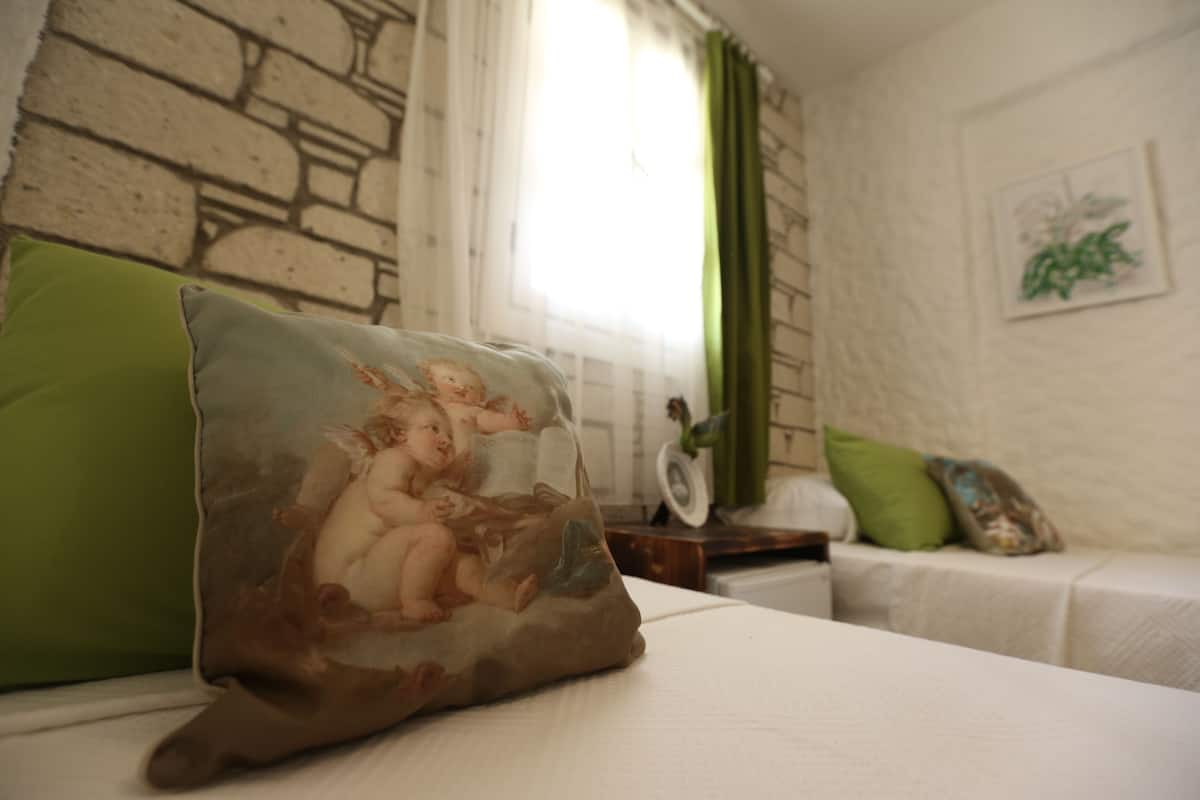 A room with a bed, a green pillow, a decorative pillow with a painting, a window with curtains, and a wall with a plant.