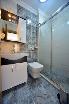 Shower, hydromassage showerhead, hair dryer, slippers
