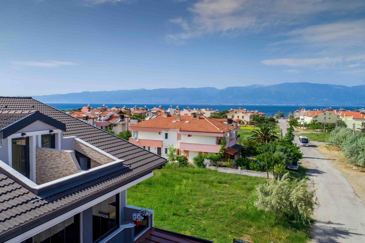 A residential area with houses, a road, and a view of the sea and mountains.