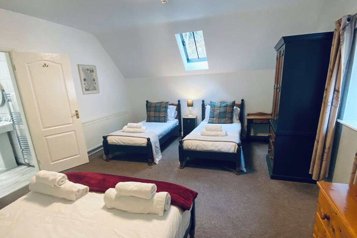 A bedroom with two beds, a wardrobe, a desk, a chair, a window, and a ceiling light.