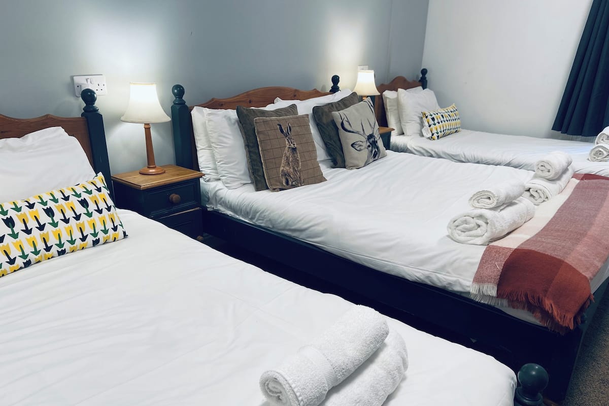 A hotel room with two beds, each with white linens and rolled towels. There are decorative pillows and a lamp on each nightstand.