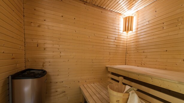 Una sauna de madera con bancos, un cubo y un bote de basura.