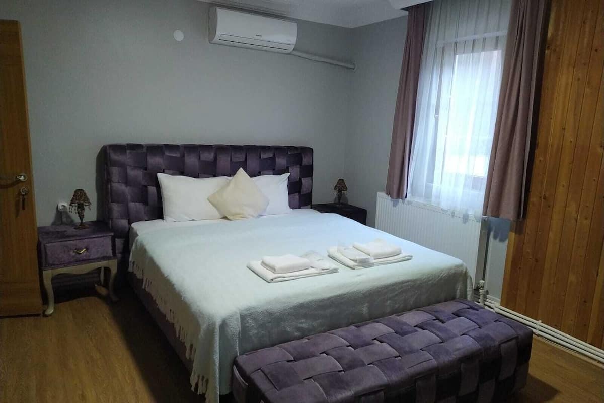 A bedroom with a large bed, a bedside table, a nightstand, an air conditioning unit, a window with curtains, and a wooden floor.