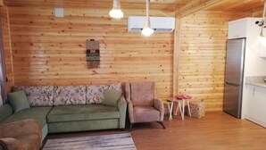 Un interior de cabaña acogedor con un sofá verde, un sillón pequeño, un tapete a rayas, una lámpara colgante y un refrigerador.