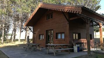 A rustic wooden cabin with a porch, two windows, and a door.
