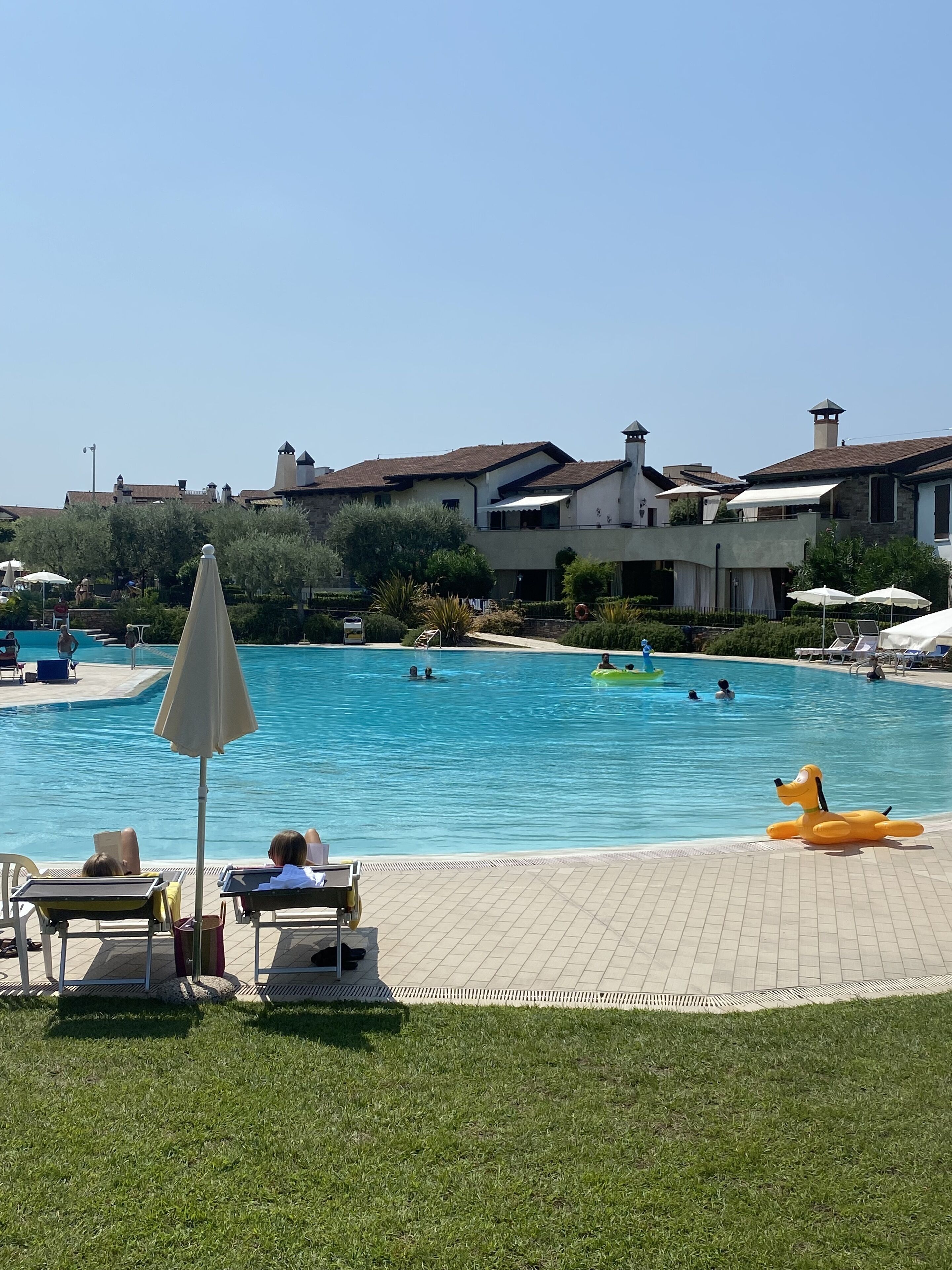 A swimming pool with lounge chairs and umbrellas, surrounded by houses and greenery.