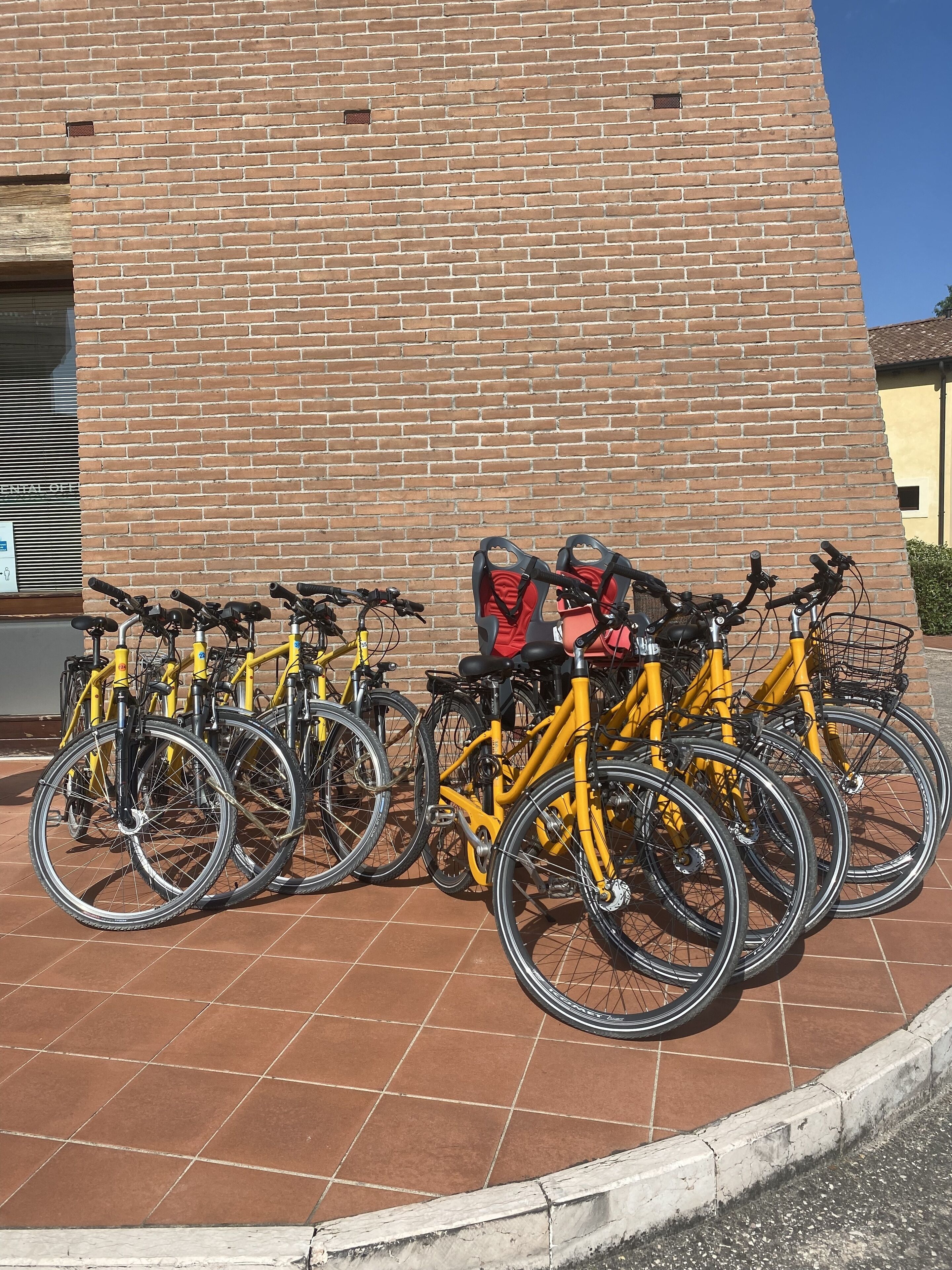 A row of yellow bicycles parked against a brick wall.