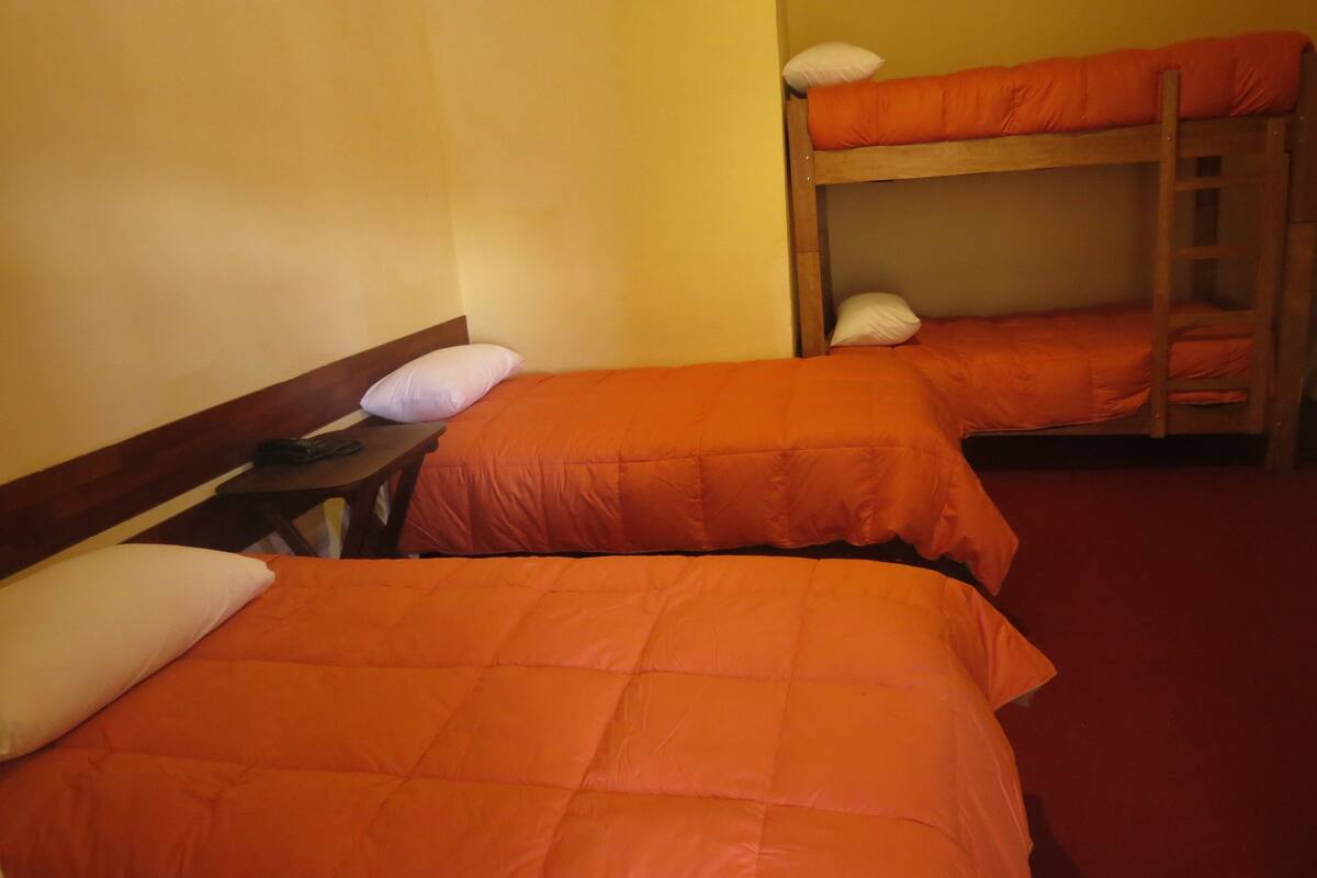 A dormitory room with two single beds and a bunk bed.