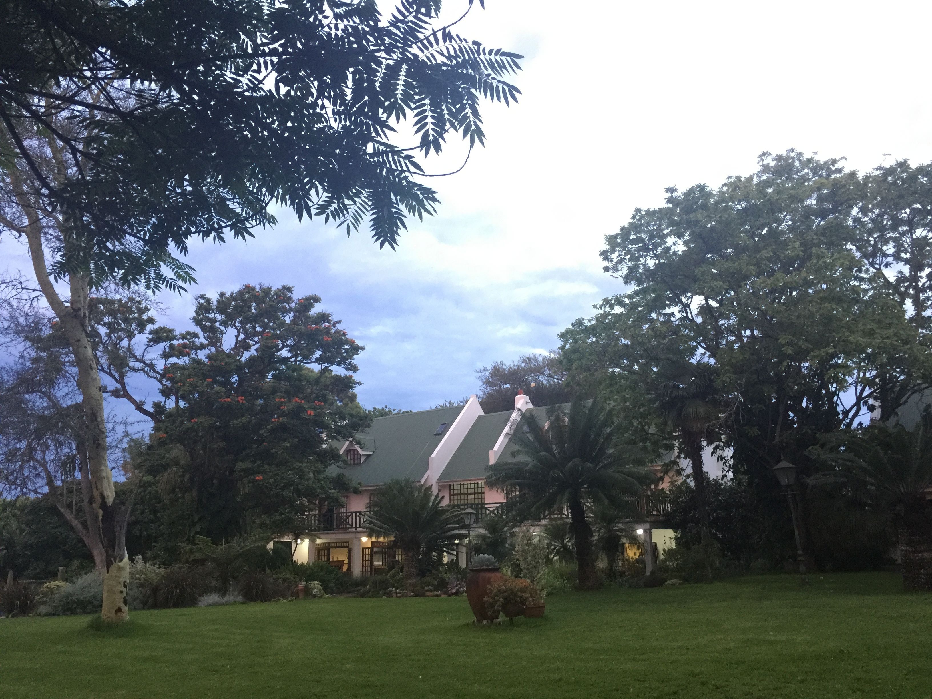 A house with a large lawn, surrounded by trees and a garden.