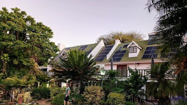 Una casa con techo inclinado, paneles solares y un jardín bien cuidado con diversas plantas y una palmera.