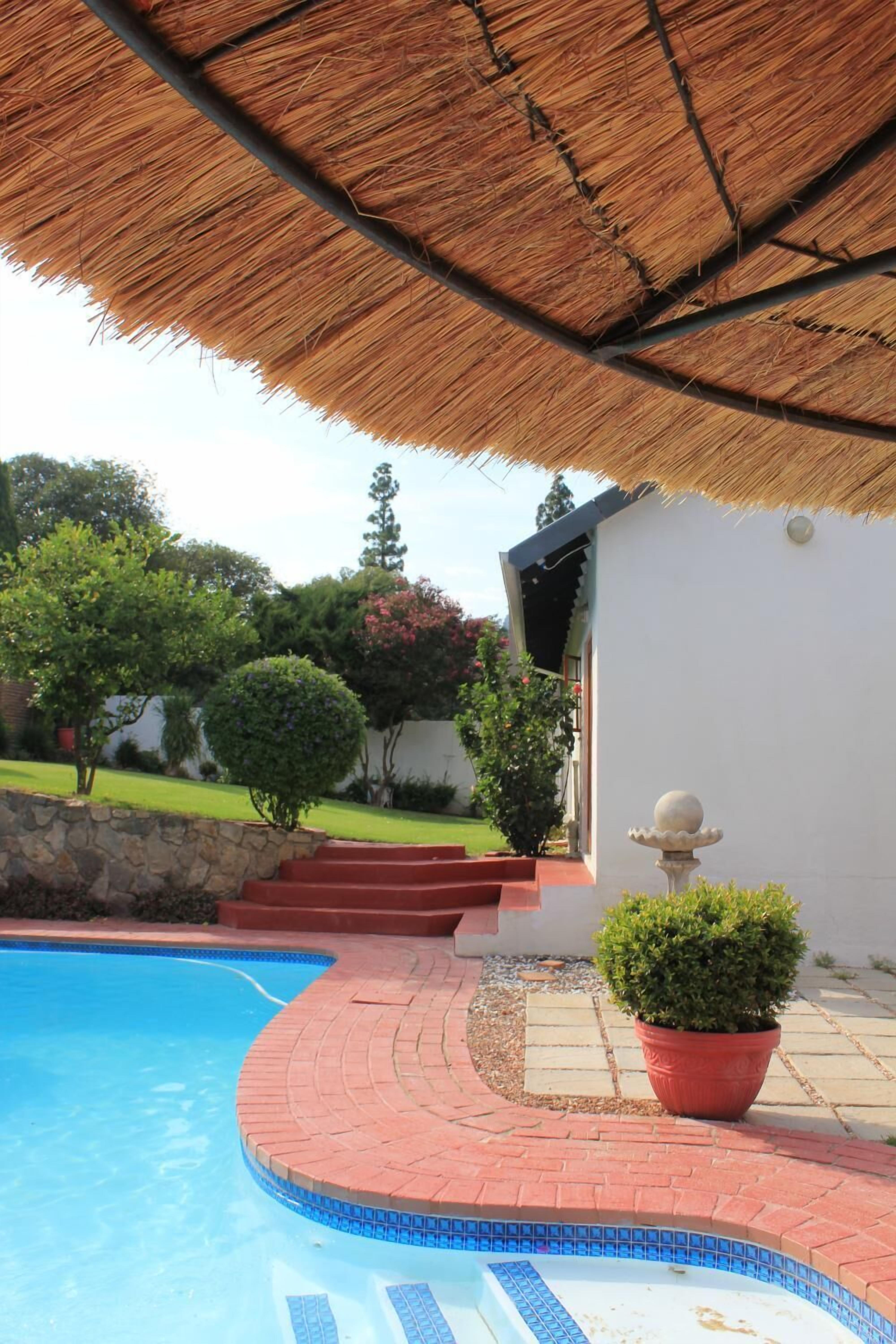 A swimming pool with a tiled edge, a stone wall, and a potted plant.