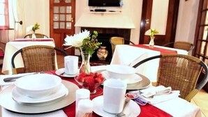 A dining area with a table set for two, white plates, a white cup, and a vase with flowers. - Mizizi House of Sandton Bed & Breakfast (Sandton)