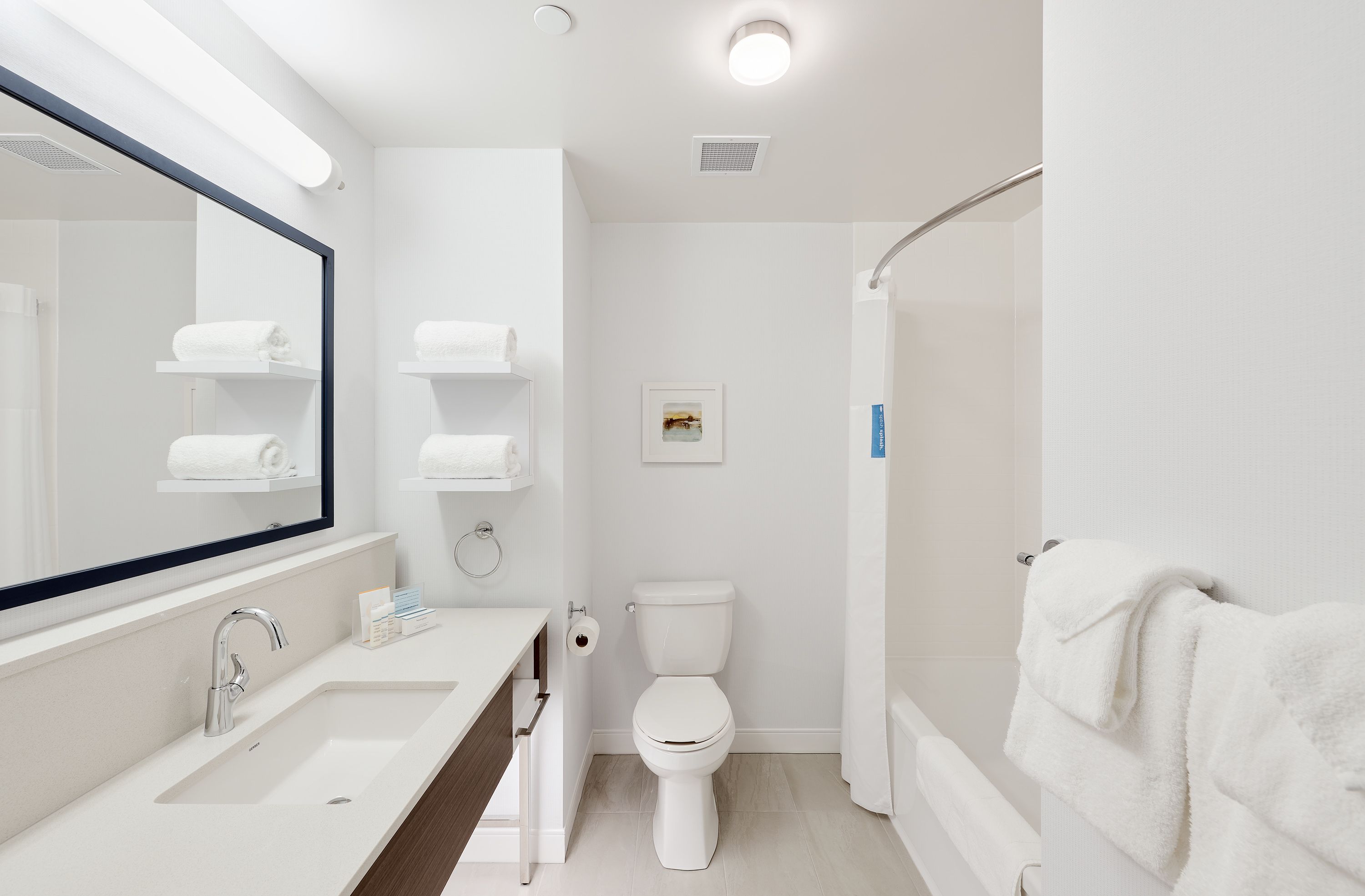 A modern bathroom with a white sink, a toilet, and a shower area.