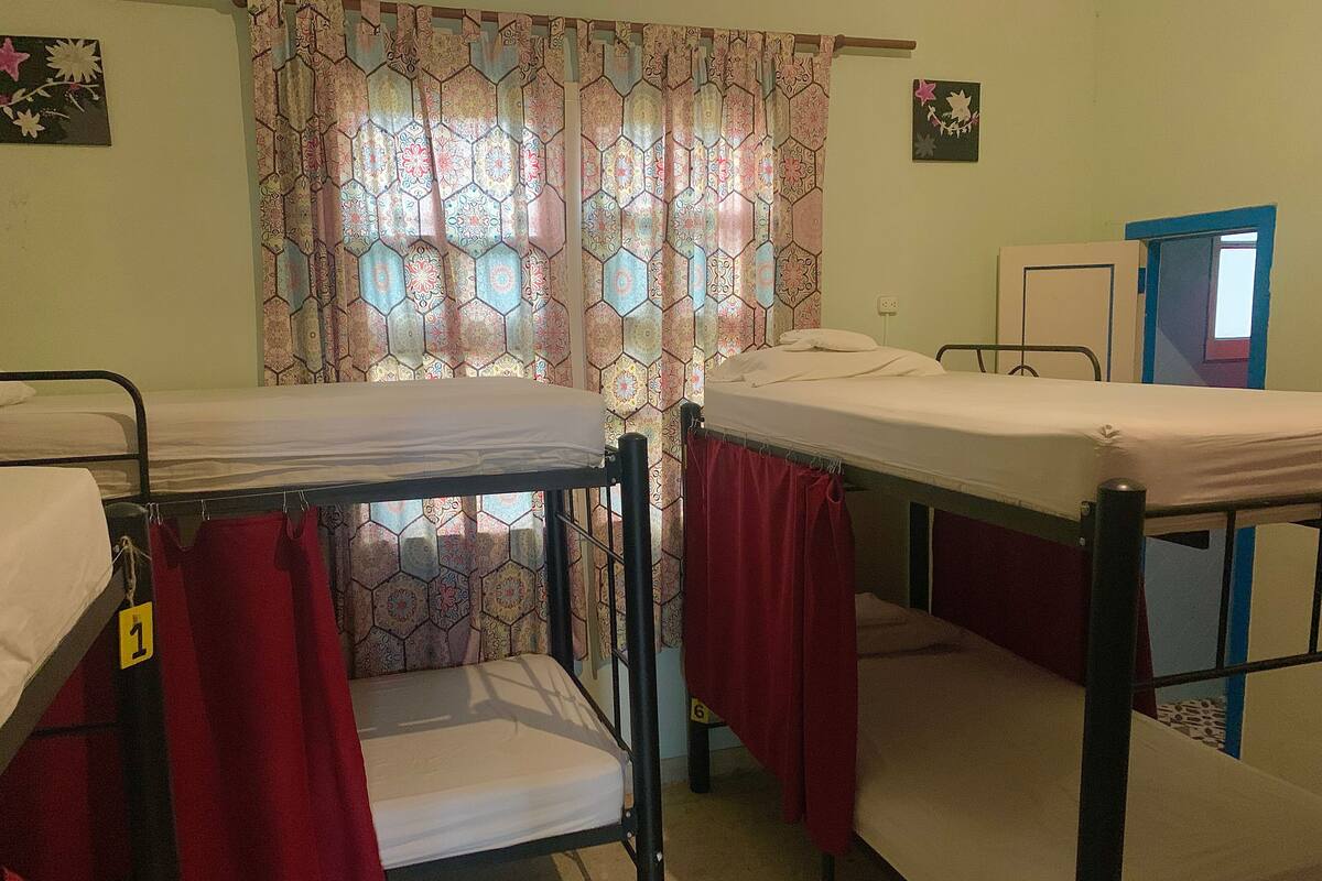 A dormitory room with bunk beds, patterned curtains, and a door with a window.