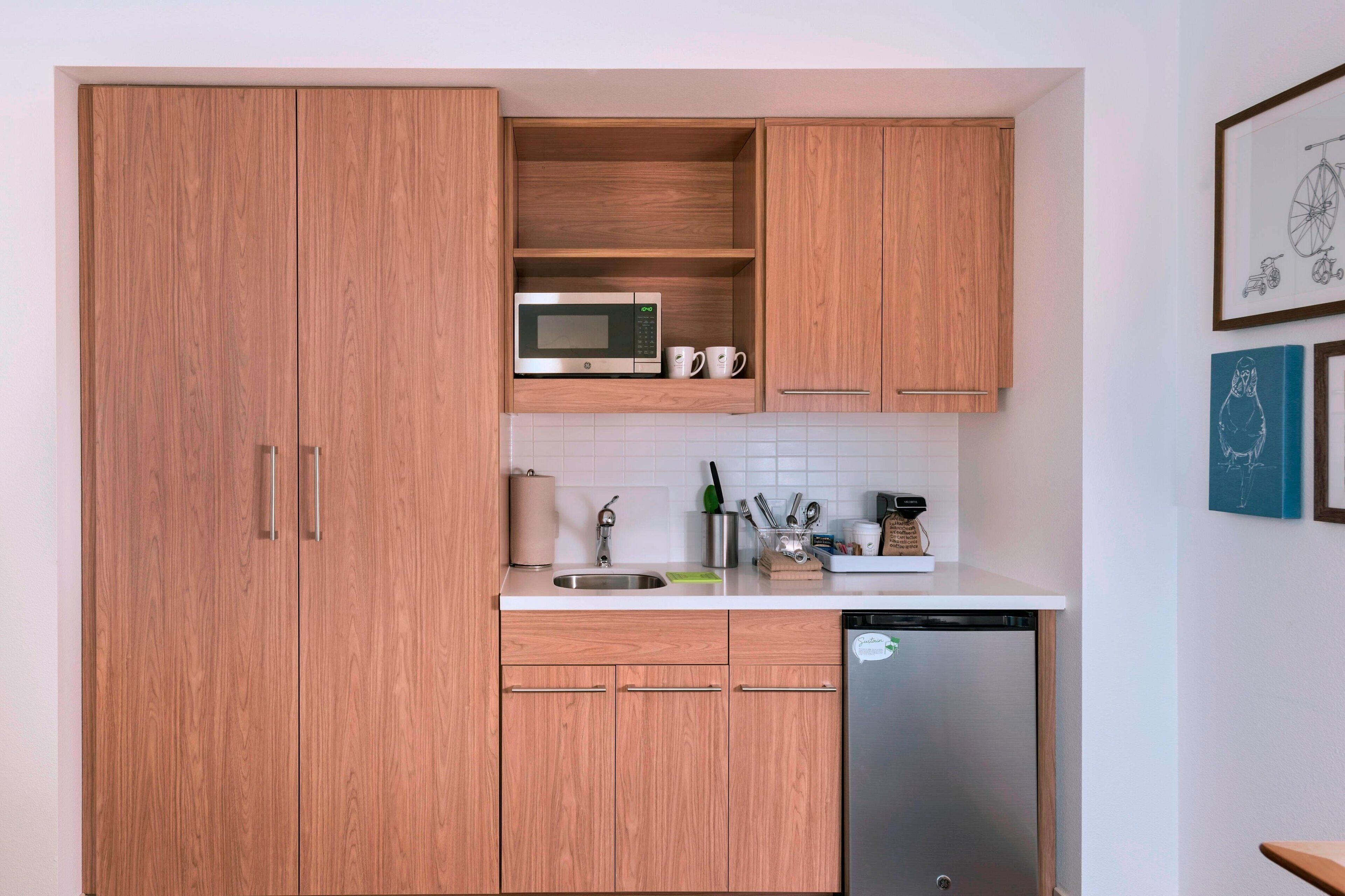 fridge, microwave, coffee/tea maker, electric kettle