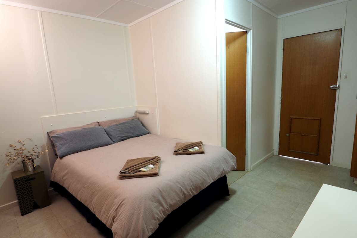 A bedroom with a bed, pillows, a bedside table with a vase, and a door.