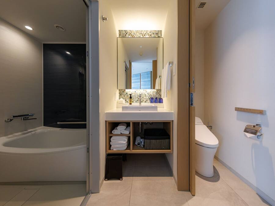 A modern bathroom with a bathtub, a toilet, and a vanity with a mirror.