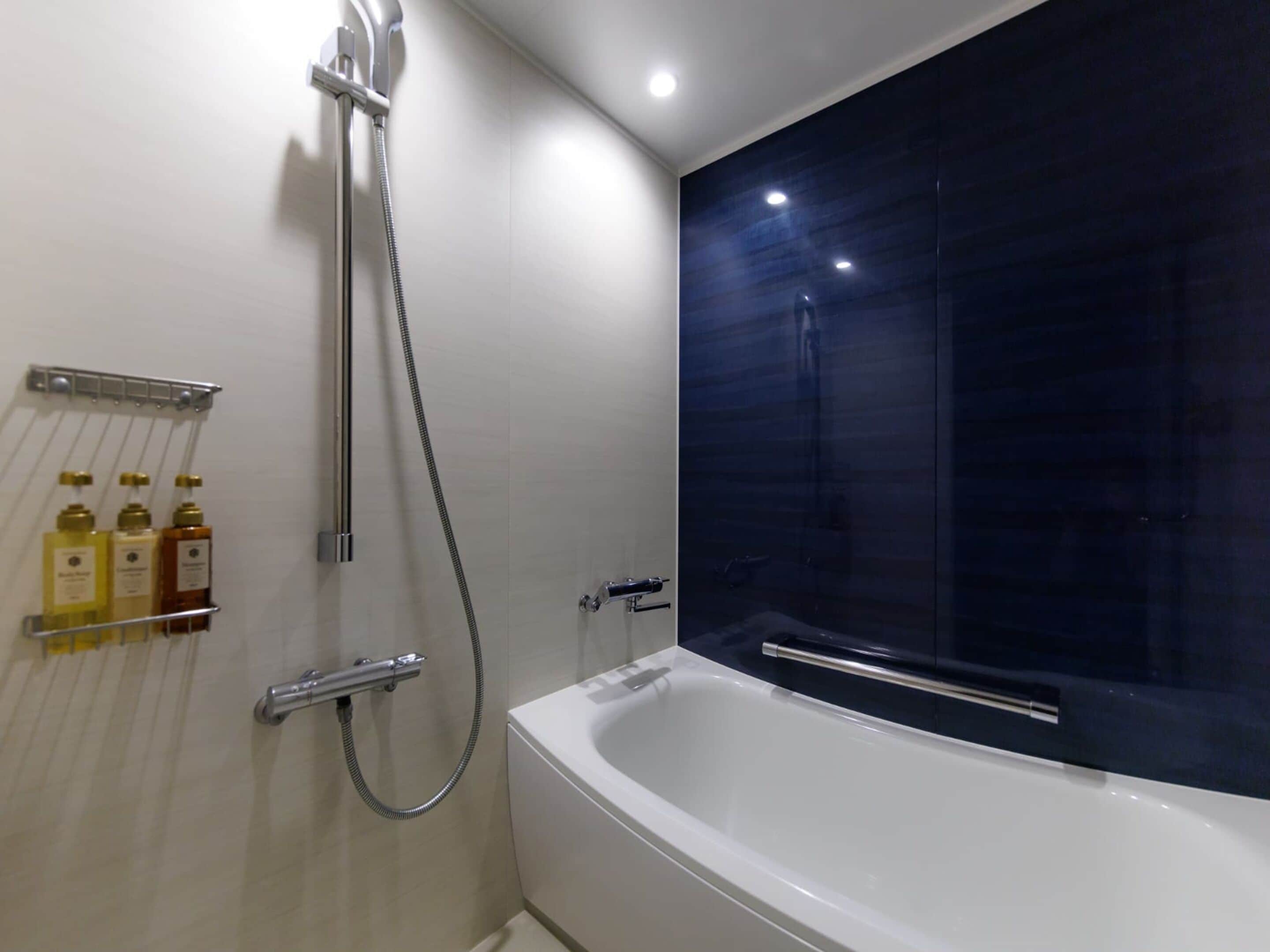 A modern bathroom with a freestanding bathtub, a handheld showerhead, and a wall-mounted soap dispenser.
