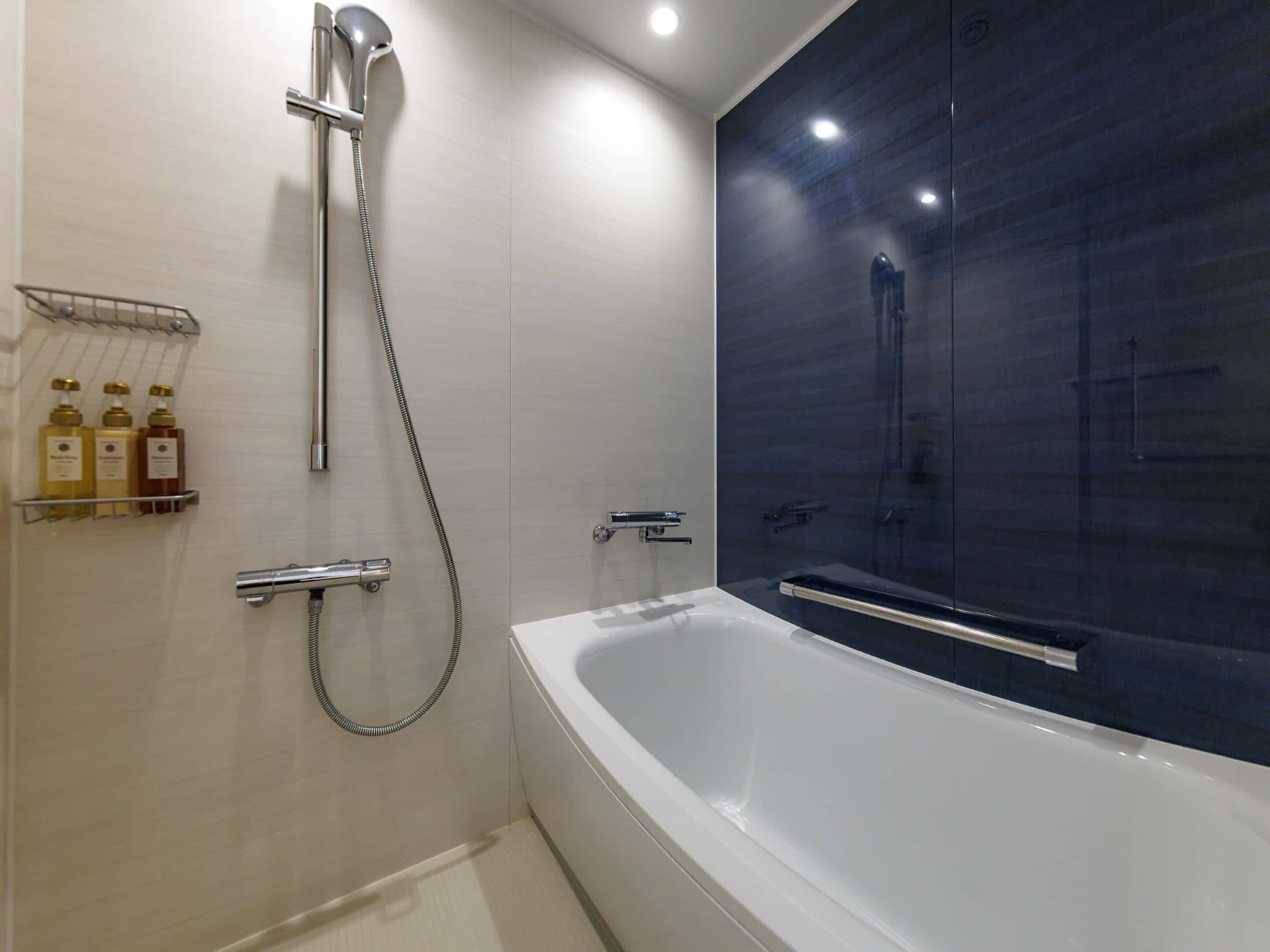 A modern bathroom with a white bathtub, a shower with a handheld showerhead, and a dark tiled wall.