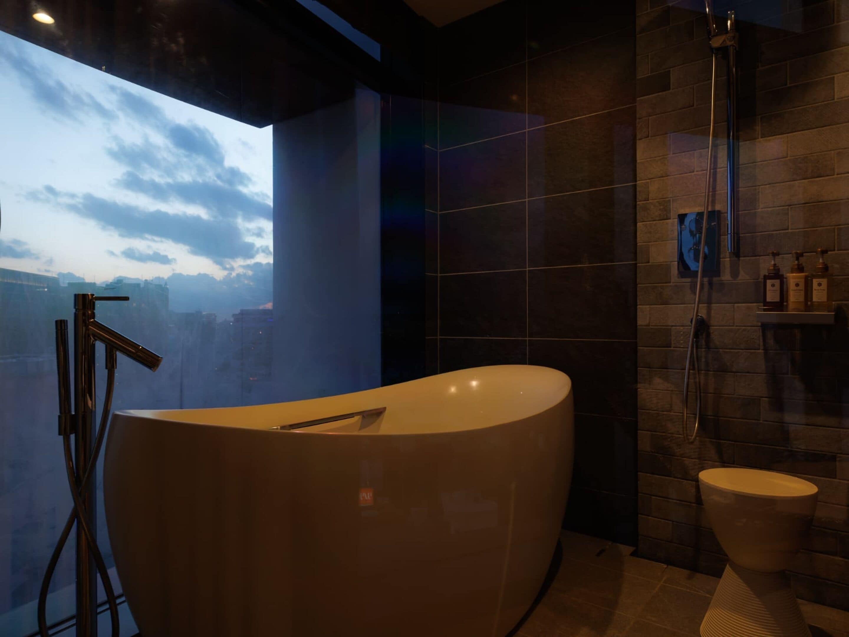A modern bathroom with a freestanding bathtub, a shower, and a view of the cityscape through a large window.