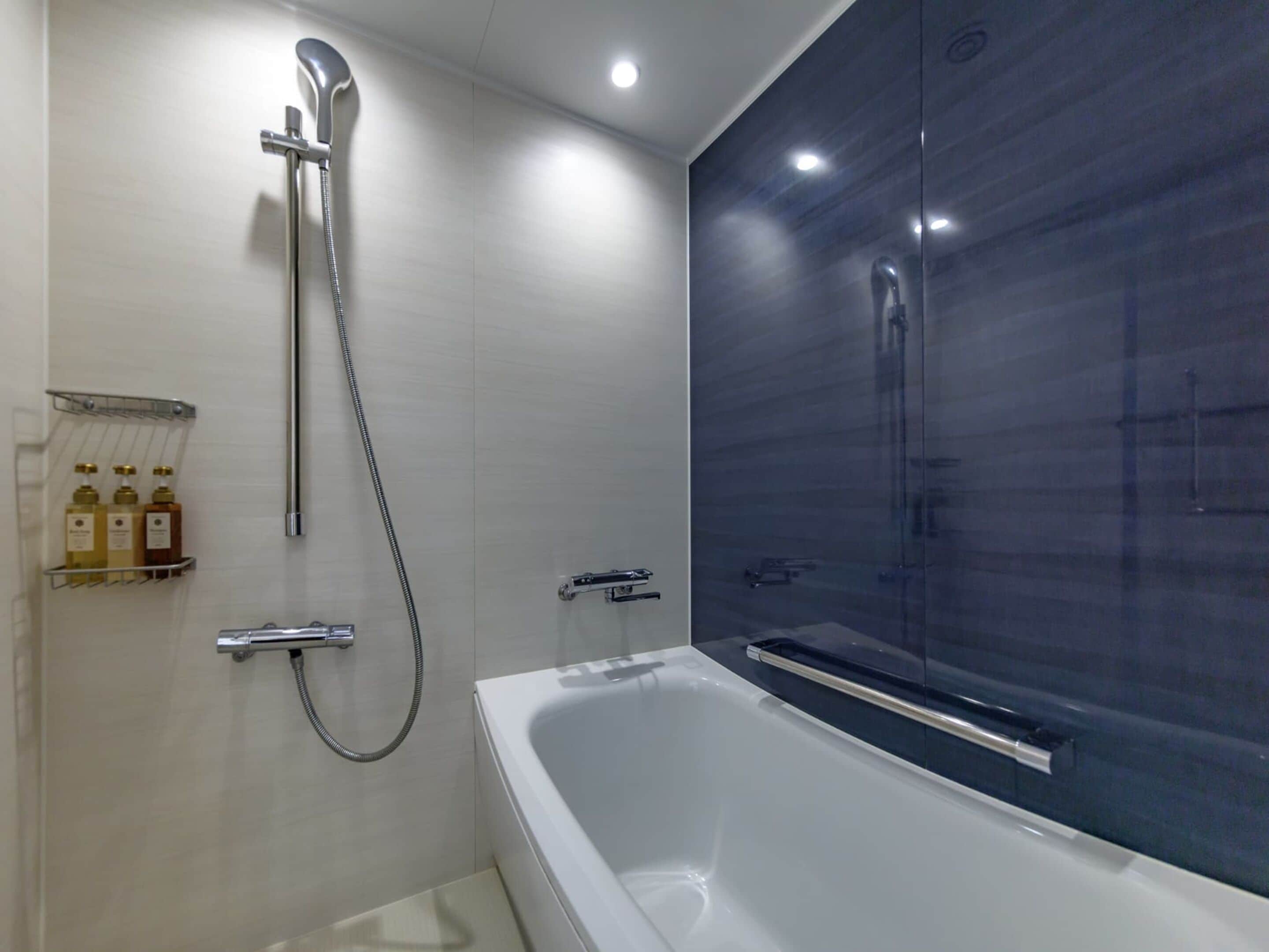A modern bathroom with a bathtub, a shower, and a glass shower enclosure.