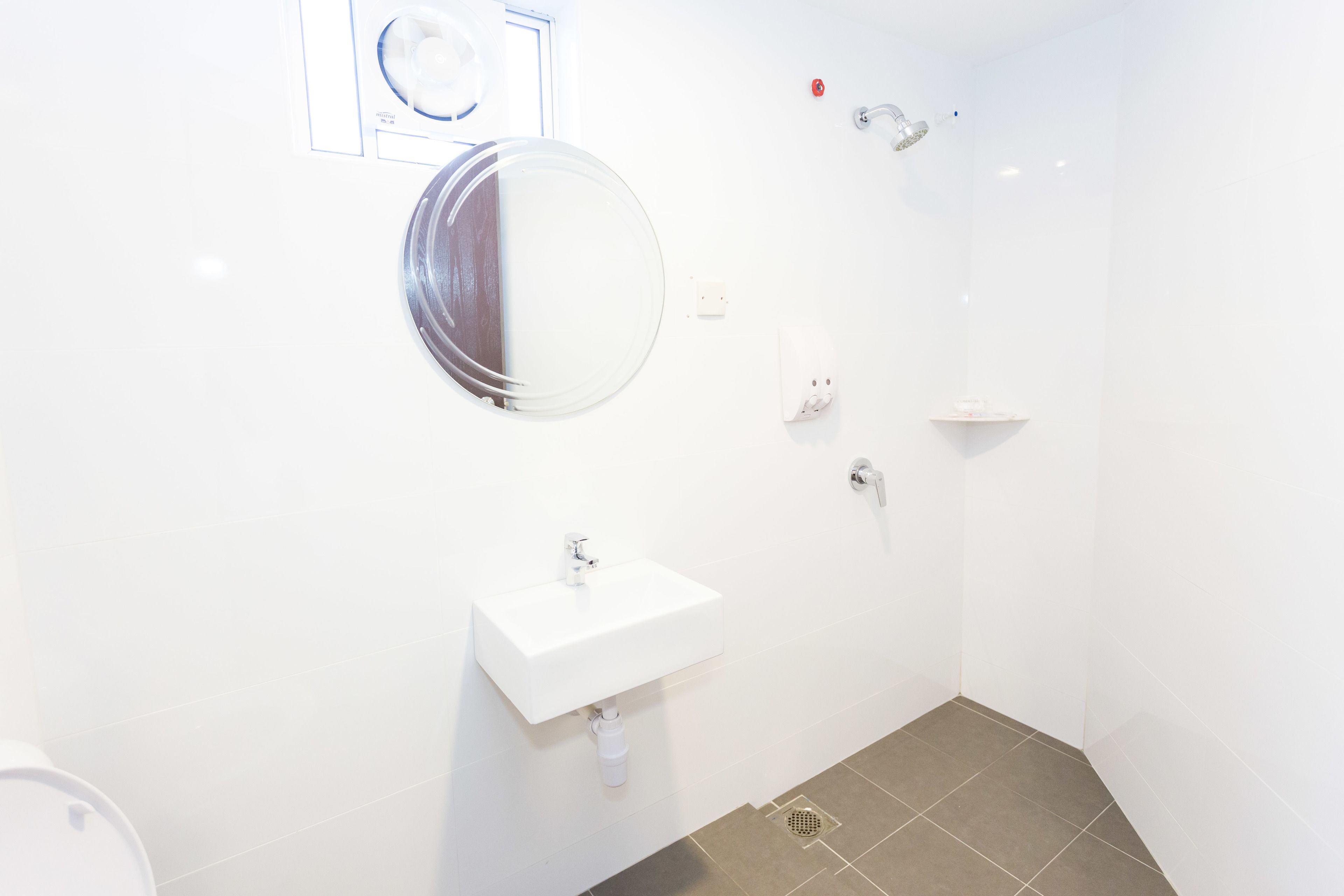 A bathroom with a white sink, a mirror, a shower, and a toilet.