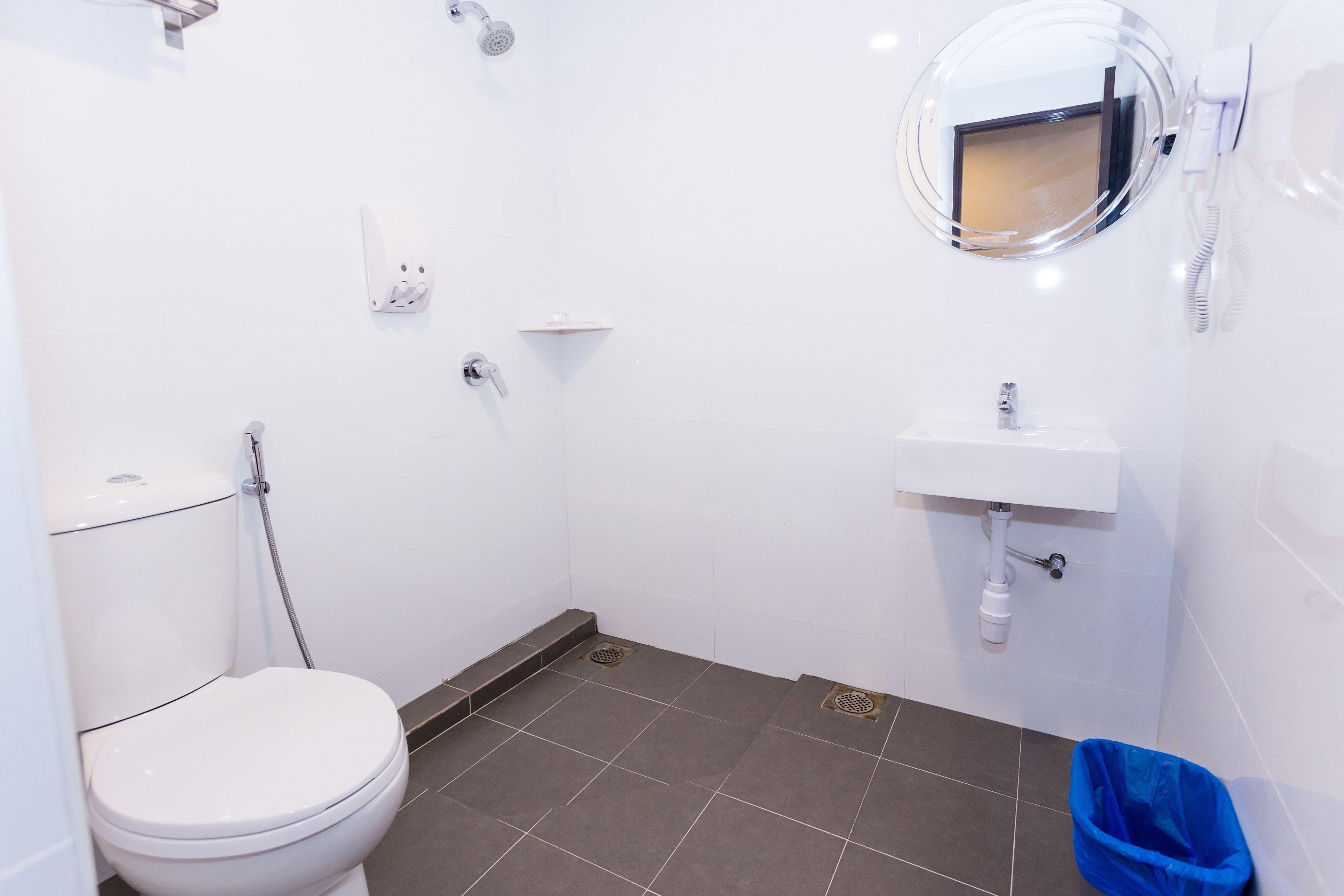 A small, modern bathroom with a toilet, shower, sink, and mirror.