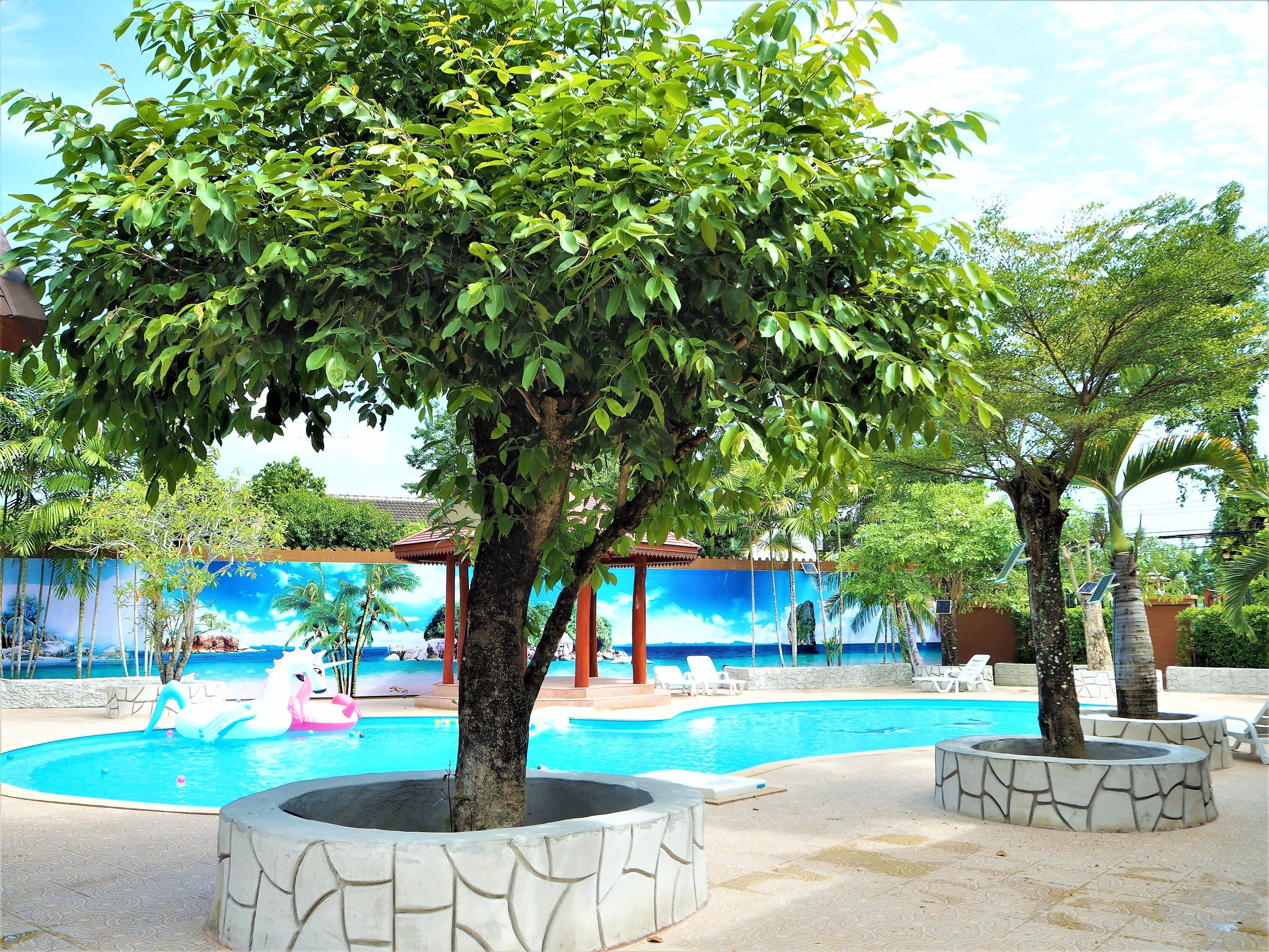 A swimming pool area with a large tree in the foreground, surrounded by stone planters and a mural in the background.