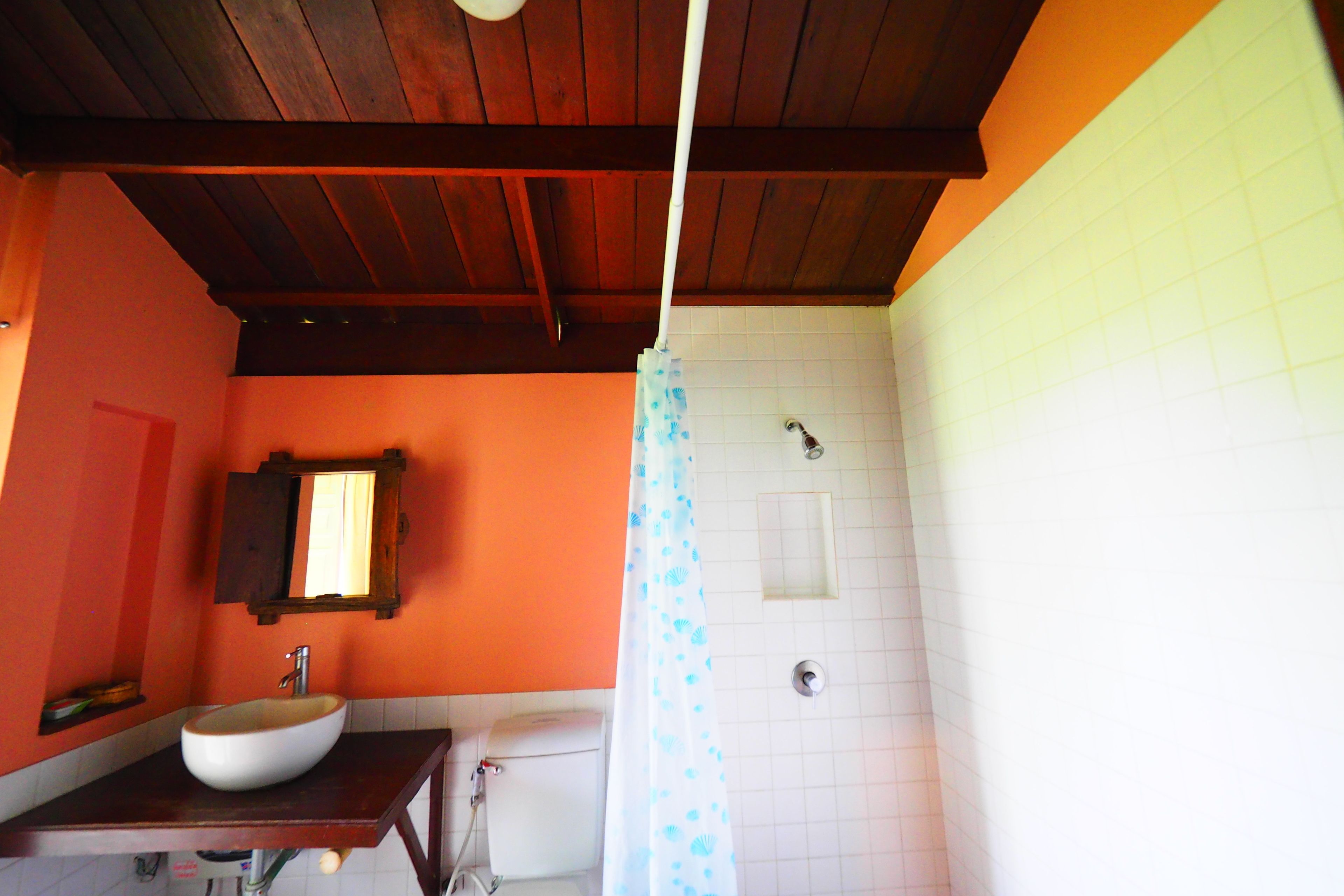 Une salle de bain avec un plafond en bois, un lavabo blanc, un miroir et une douche avec un rideau de douche bleu.