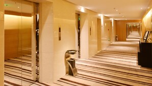 Un pasillo de hotel con paredes espejadas, alfombra estampada y un ascensor moderno.