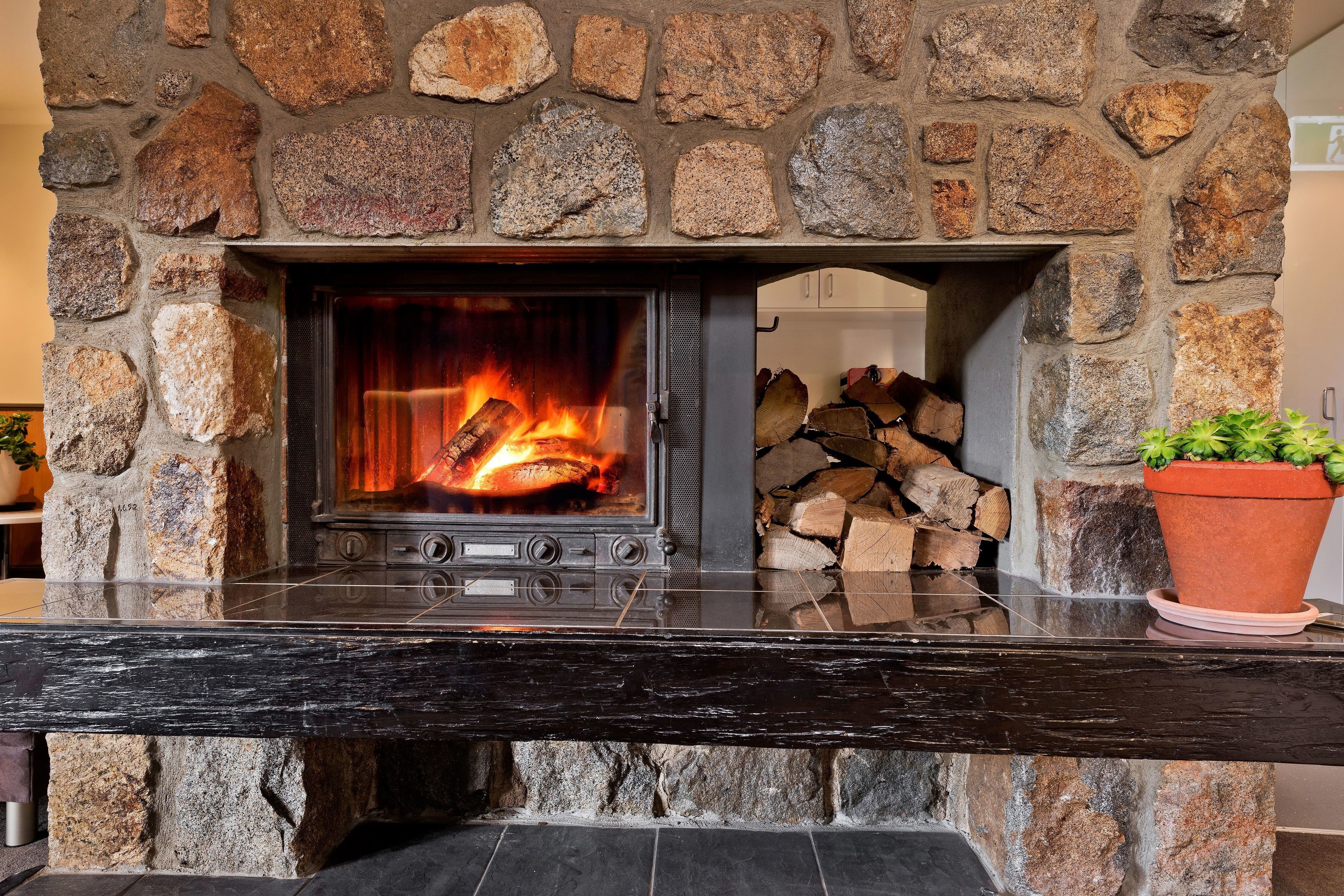 Una chimenea de piedra con fuego, un faldón negro y una planta en maceta.